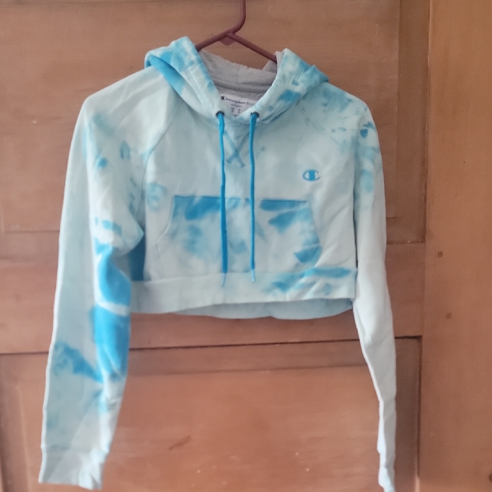 Champion Blue and White Tie-Dye Cropped Hoodie